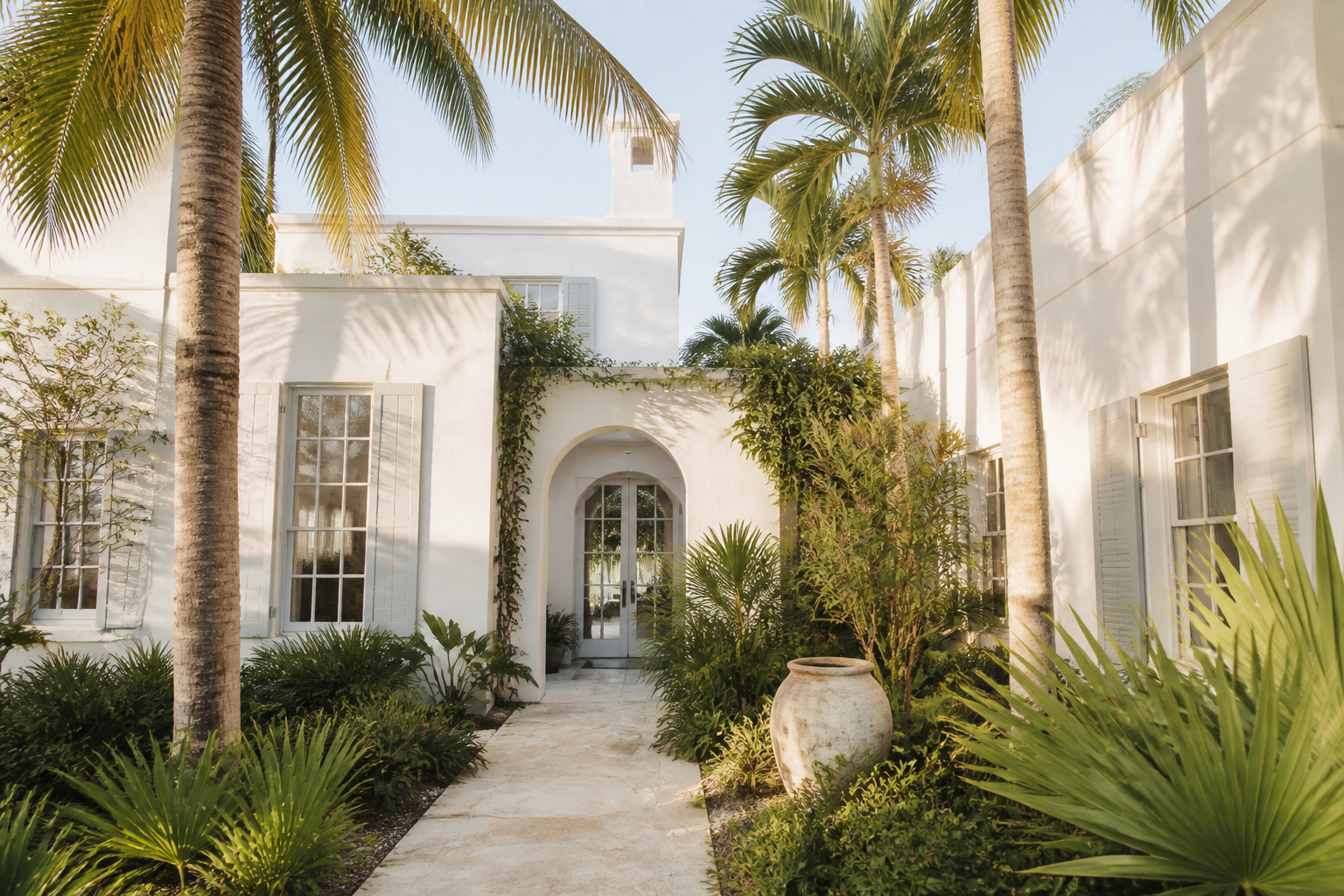 Luxury white courtyard villa with tropical landscaping in Emerald Coast style