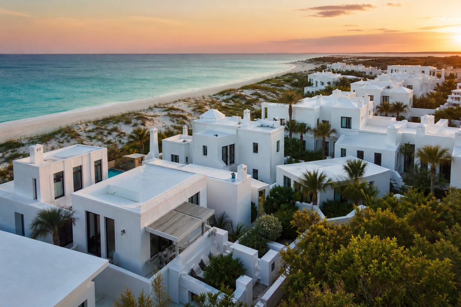 Luxury white coastal rooftops overlooking turquoise Gulf waters at sunset